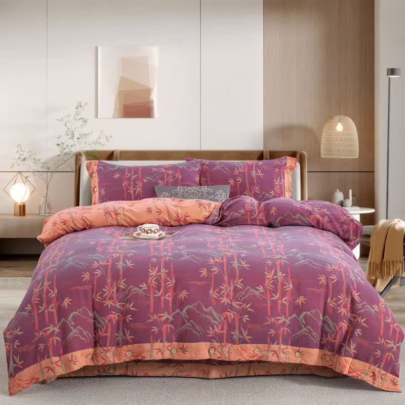 Bamboo Plant Cotton Gauze Reversible Bedding Set (4PCS)  - Purple - King - image 13