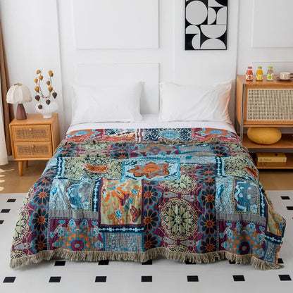Ownkoti Boho Blue Floral Cotton Reversible Tassel Blanket - image 2