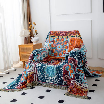 Boho Blue Floral Cotton Reversible Tassel Blanket - image 1