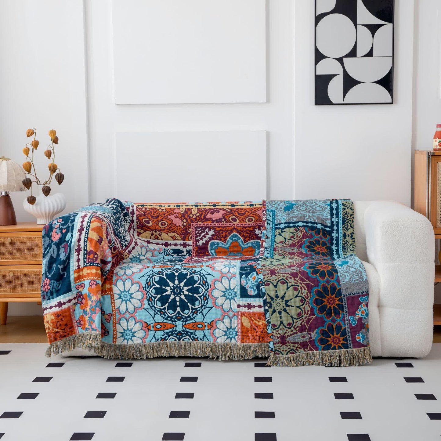 Ownkoti Boho Blue Floral Cotton Reversible Tassel Quilt