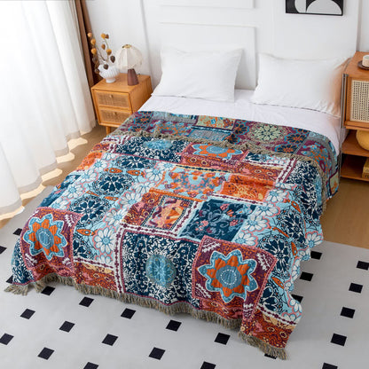 Boho Blue Floral Cotton Reversible Tassel Blanket - image 5