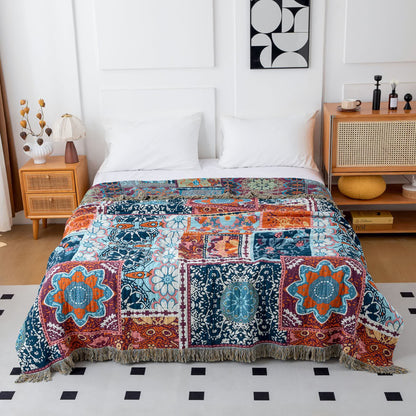 Ownkoti Boho Blue Floral Cotton Reversible Tassel Blanket - image 3
