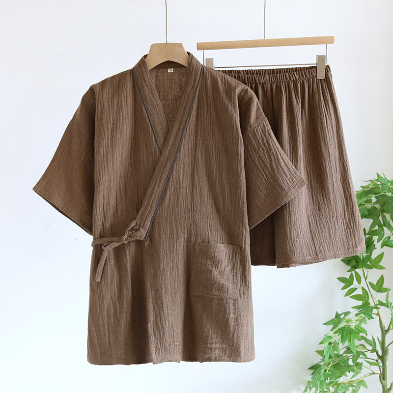 Ownkoti Unisex Cotton Gauze Kimono Pajama Set - Coffee - M - image 16