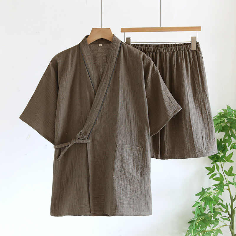 Ownkoti Unisex Cotton Gauze Kimono Pajama Set - Dark Green - XL - image 14