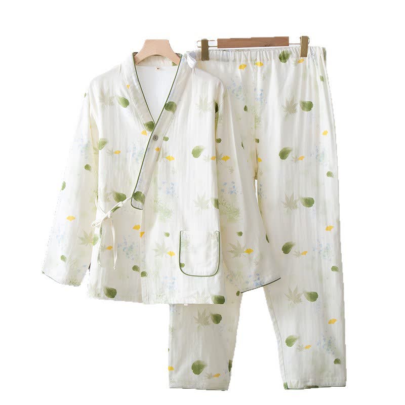 Ownkoti Leaf Print Cotton Gauze Kimono Adjustable Pajama Set