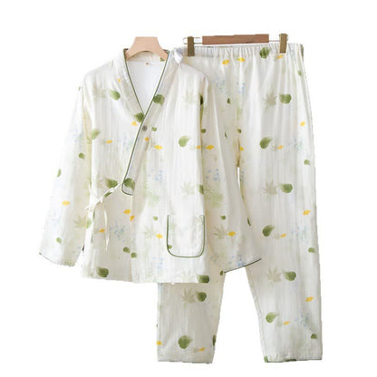 Ownkoti Leaf Print Cotton Gauze Kimono Adjustable Pajama Set