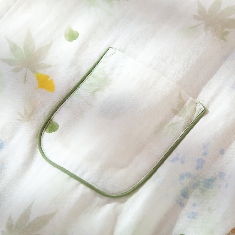 Ownkoti Leaf Print Cotton Gauze Kimono Adjustable Pajama Set