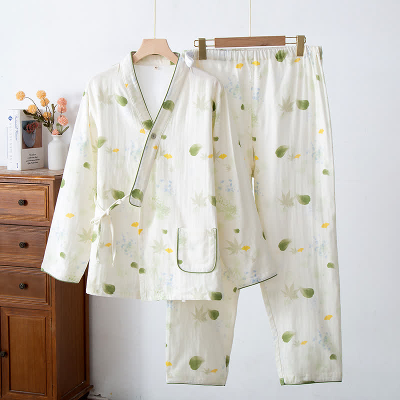 Ownkoti Leaf Print Cotton Gauze Kimono Adjustable Pajama Set