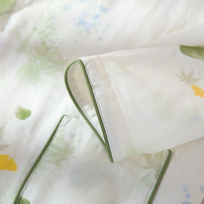 Ownkoti Leaf Print Cotton Gauze Kimono Adjustable Pajama Set