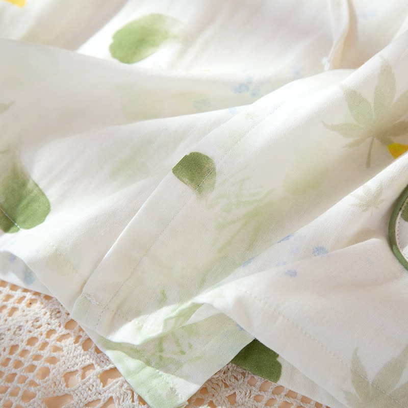 Ownkoti Leaf Print Cotton Gauze Kimono Adjustable Pajama Set