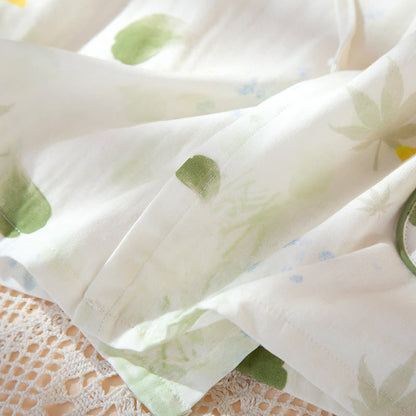 Ownkoti Leaf Print Cotton Gauze Kimono Adjustable Pajama Set