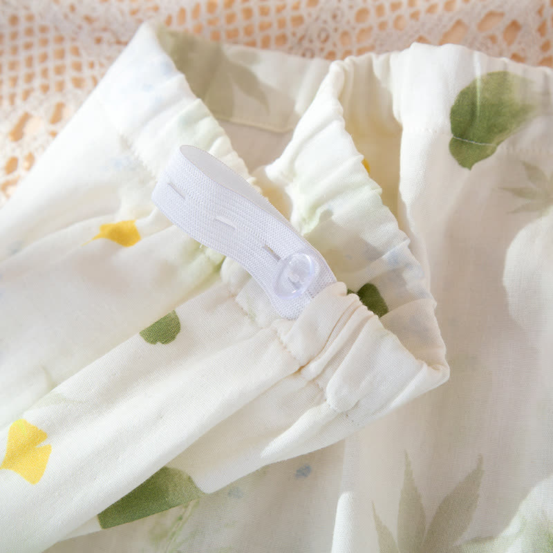 Ownkoti Leaf Print Cotton Gauze Kimono Adjustable Pajama Set