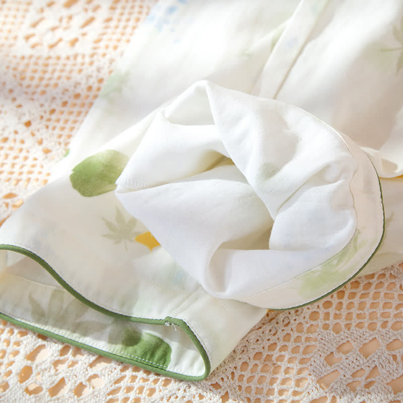 Ownkoti Leaf Print Cotton Gauze Kimono Adjustable Pajama Set