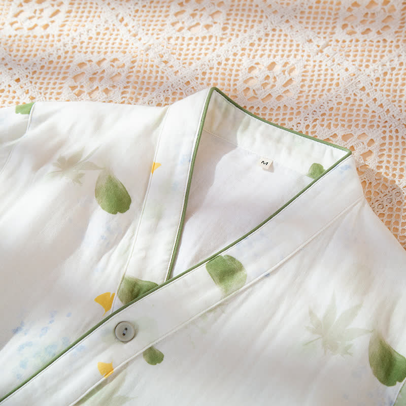 Ownkoti Leaf Print Cotton Gauze Kimono Adjustable Pajama Set