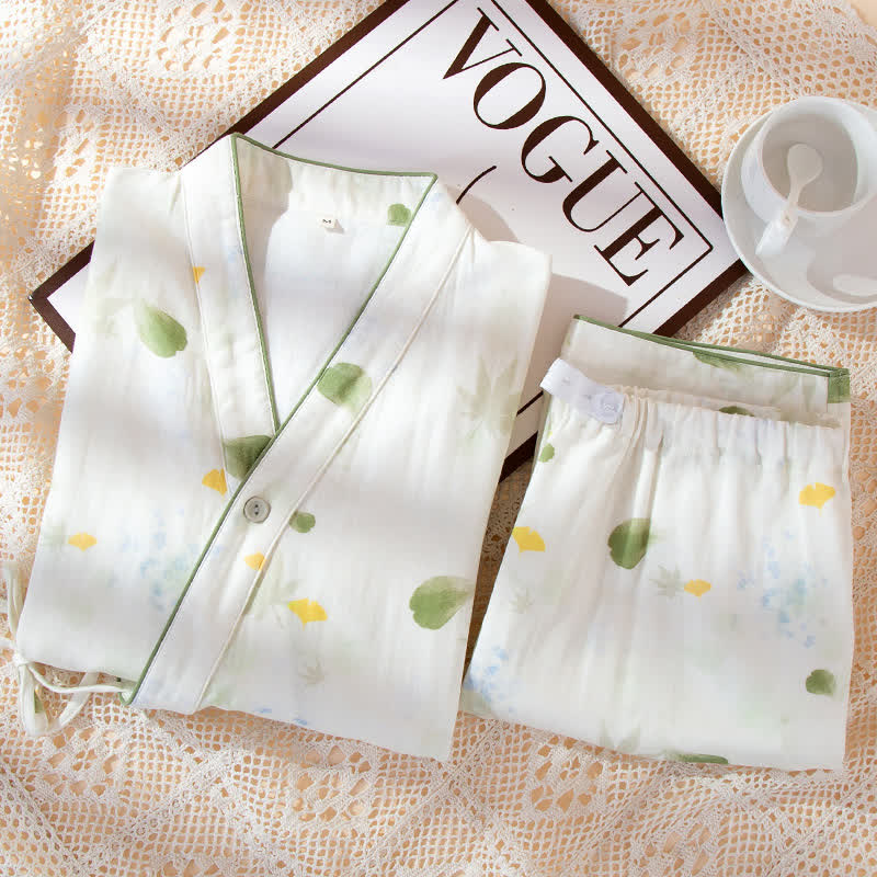 Ownkoti Leaf Print Cotton Gauze Kimono Adjustable Pajama Set