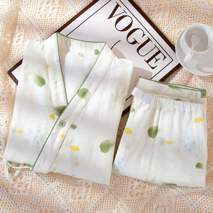 Ownkoti Leaf Print Cotton Gauze Kimono Adjustable Pajama Set