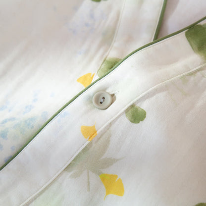 Ownkoti Leaf Print Cotton Gauze Kimono Adjustable Pajama Set