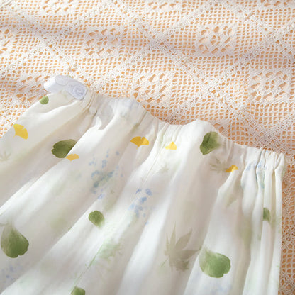 Ownkoti Leaf Print Cotton Gauze Kimono Adjustable Pajama Set