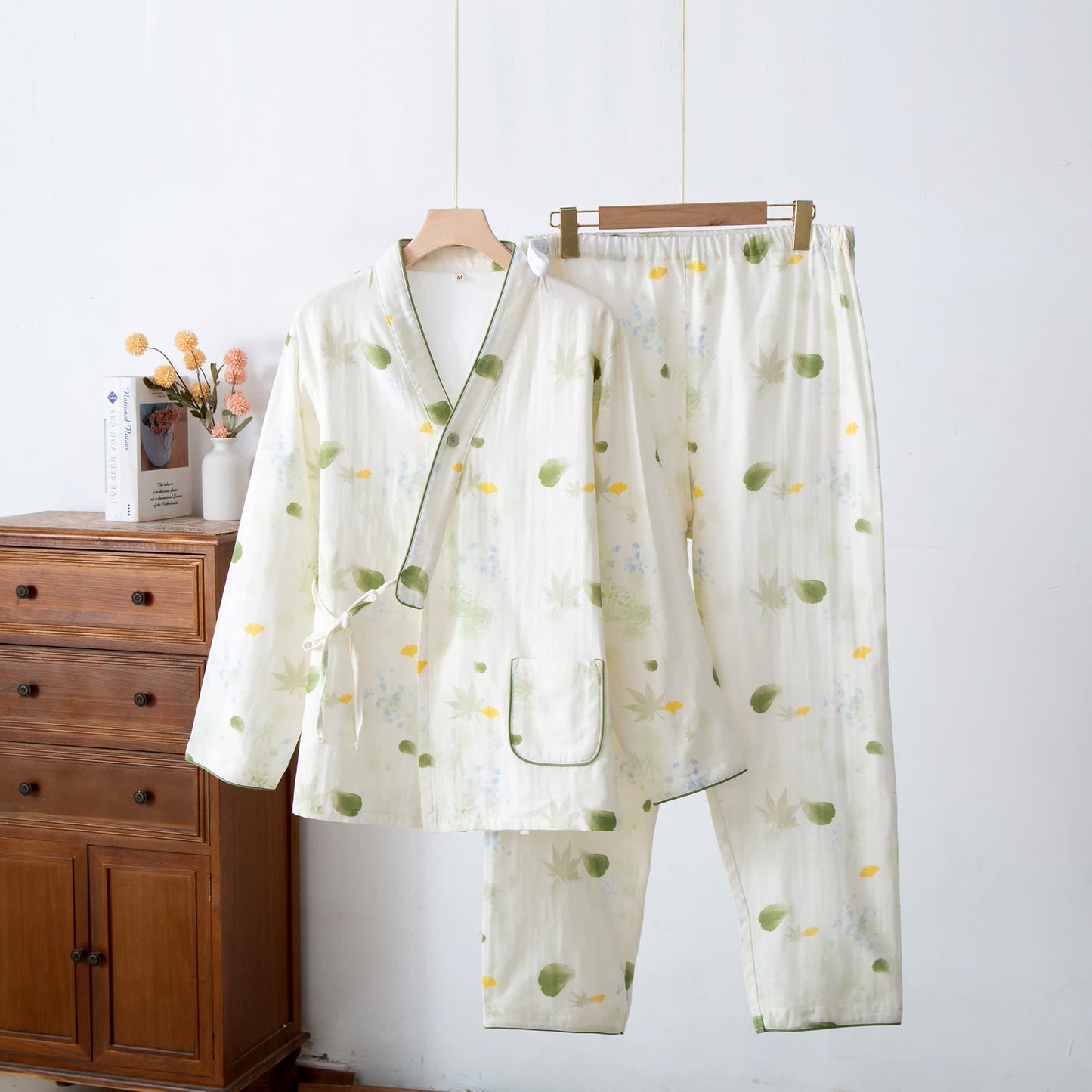 Ownkoti Leaf Print Cotton Gauze Kimono Adjustable Pajama Set