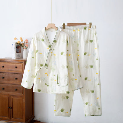 Ownkoti Leaf Print Cotton Gauze Kimono Adjustable Pajama Set