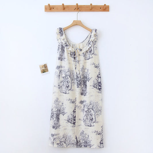 Ownkoti Vintage Landscape Print Cotton Gauze Ruffle Camisole Nightwear - Purple - Nightdress - XL - image 0