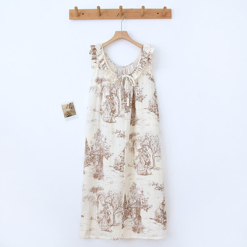 Ownkoti Vintage Landscape Print Cotton Gauze Ruffle Camisole Nightwear - Pink - Nightdress - XL - image 2