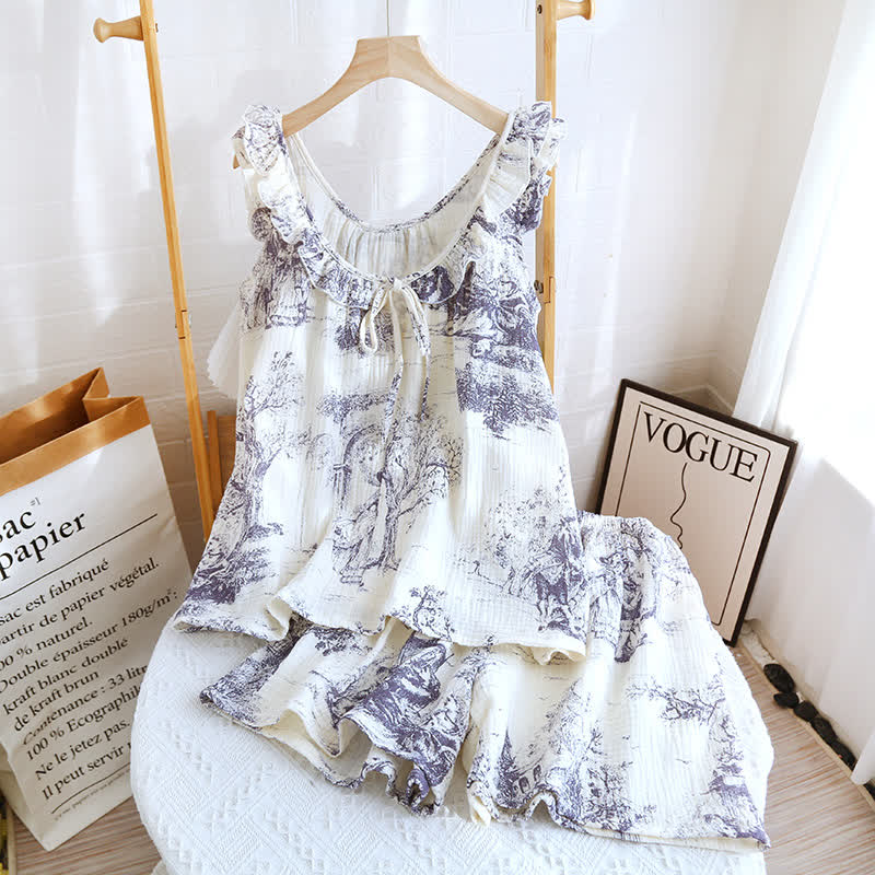 Ownkoti Vintage Landscape Print Cotton Gauze Ruffle Camisole Nightwear - Purple - Pajama Set - XL - image 1