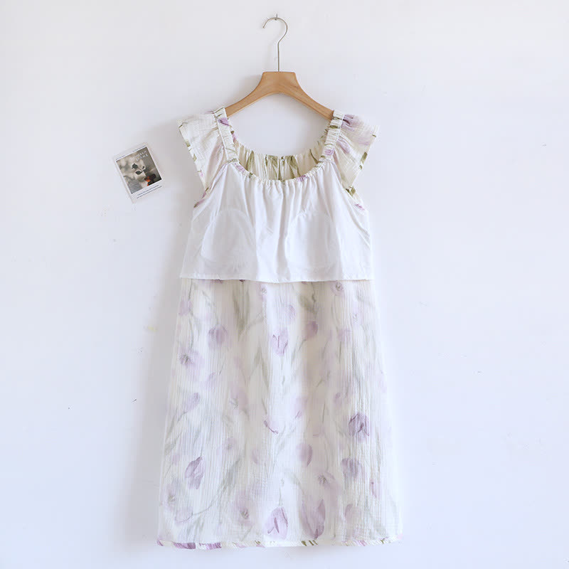 Ownkoti Tulip Print Cotton Gauze Padded Camisole Nightdress