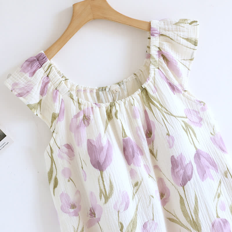 Ownkoti Tulip Print Cotton Gauze Padded Camisole Nightdress