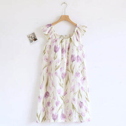 Ownkoti Tulip Print Cotton Gauze Padded Camisole Nightdress