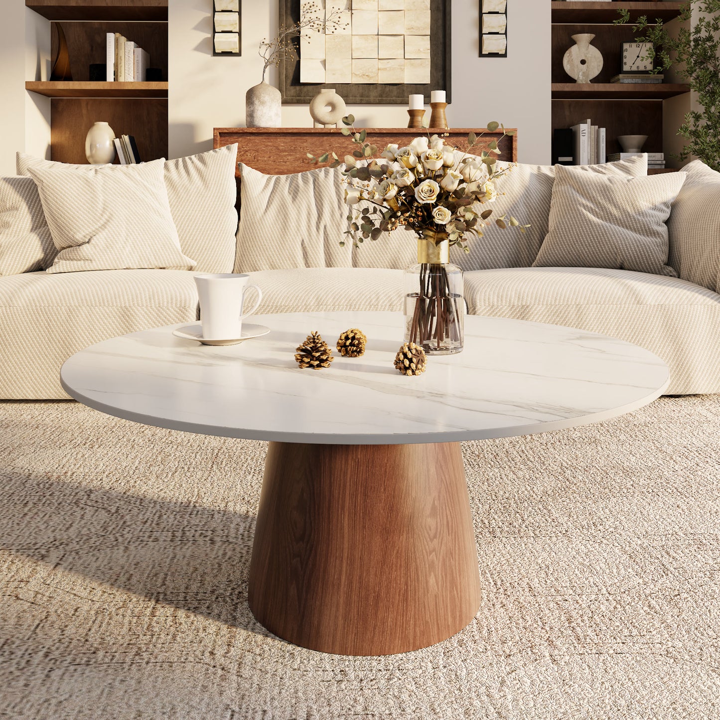Ownkoti Mid-century Round Solid Wood Pedestal Coffee Table