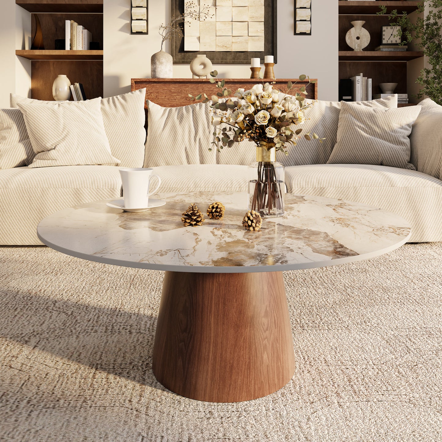 Ownkoti Mid-century Round Solid Wood Pedestal Coffee Table