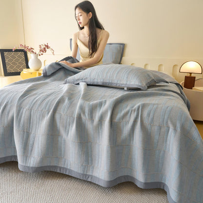 Ownkoti Blue Stripe Plaid Cotton Muslin Bedspread