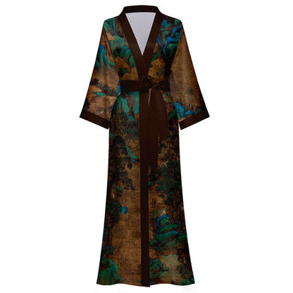 Ownkoti Oriental Landscape Print Kimono Bathrobe