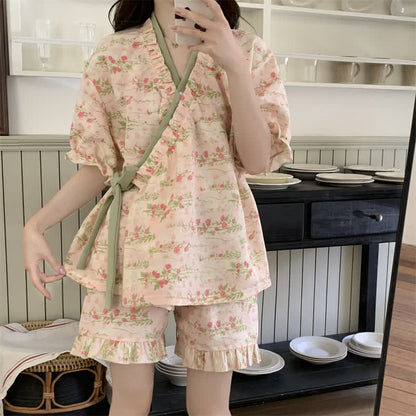 Ownkoti Pink Floral Ruffle Sleeve Pajama Set