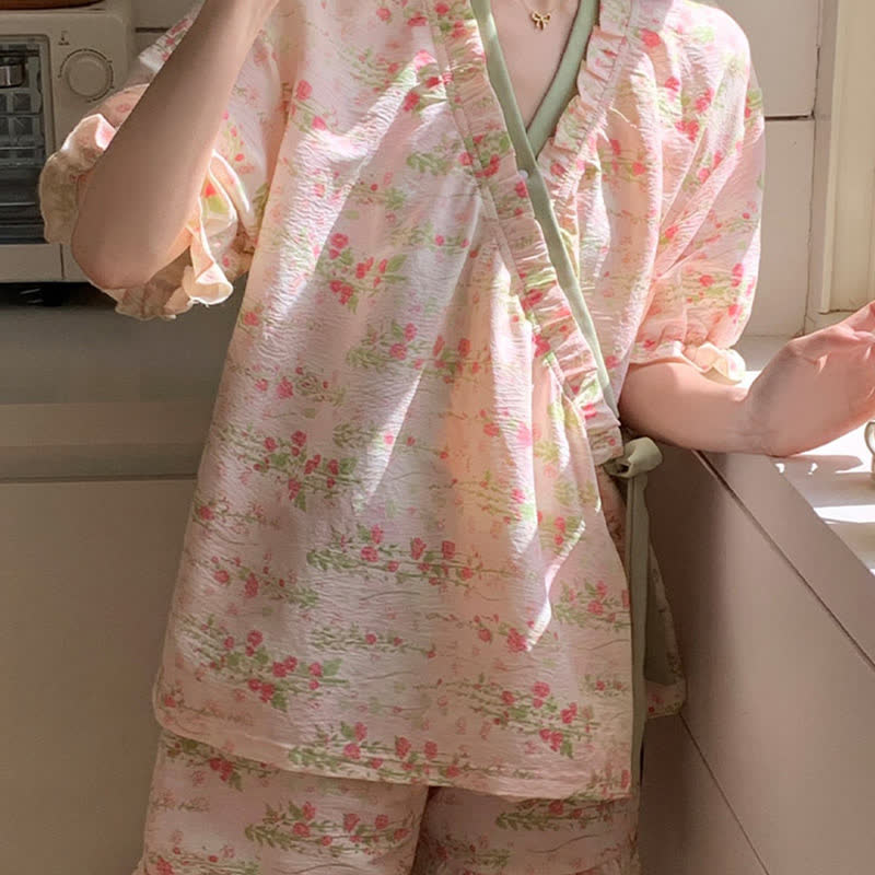 Ownkoti Pink Floral Ruffle Sleeve Pajama Set