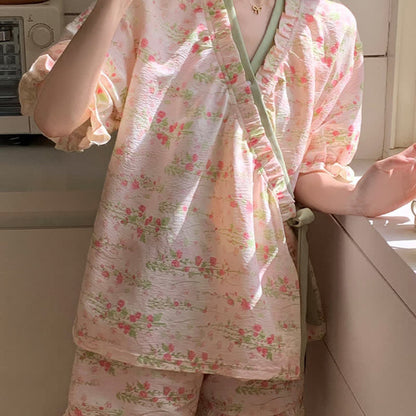 Ownkoti Pink Floral Ruffle Sleeve Pajama Set