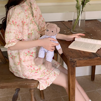 Ownkoti Pink Floral Ruffle Sleeve Pajama Set