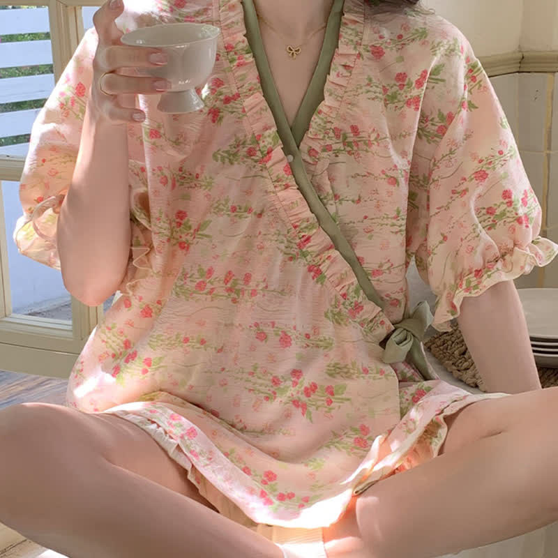 Ownkoti Pink Floral Ruffle Sleeve Pajama Set