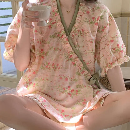 Ownkoti Pink Floral Ruffle Sleeve Pajama Set