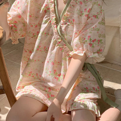 Ownkoti Pink Floral Ruffle Sleeve Pajama Set