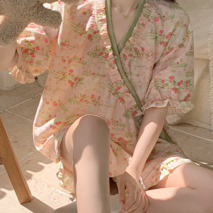 Ownkoti Pink Floral Ruffle Sleeve Pajama Set