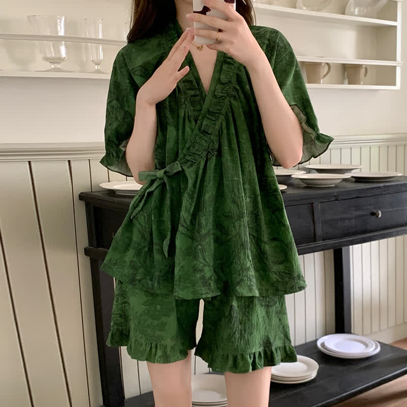 Ownkoti Stylish Botanical Ruffle Sleeve Pajama Set