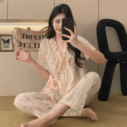 Ownkoti Floral Leaf Ruffle Kimono Sleepwear Set