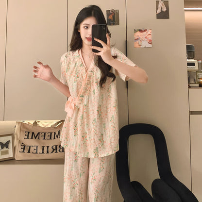 Ownkoti Floral Leaf Ruffle Kimono Sleepwear Set