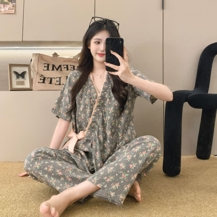 Ownkoti Rose Print Ruffle Kimono Sleepwear Set