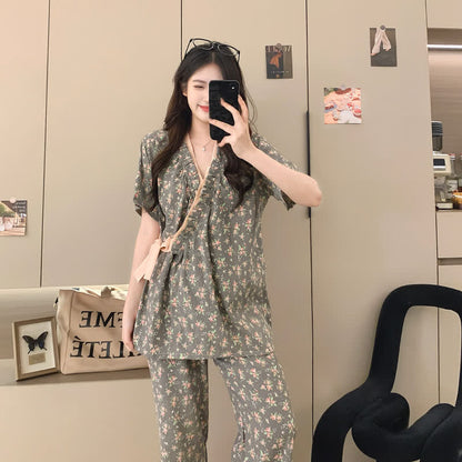 Ownkoti Rose Print Ruffle Kimono Sleepwear Set