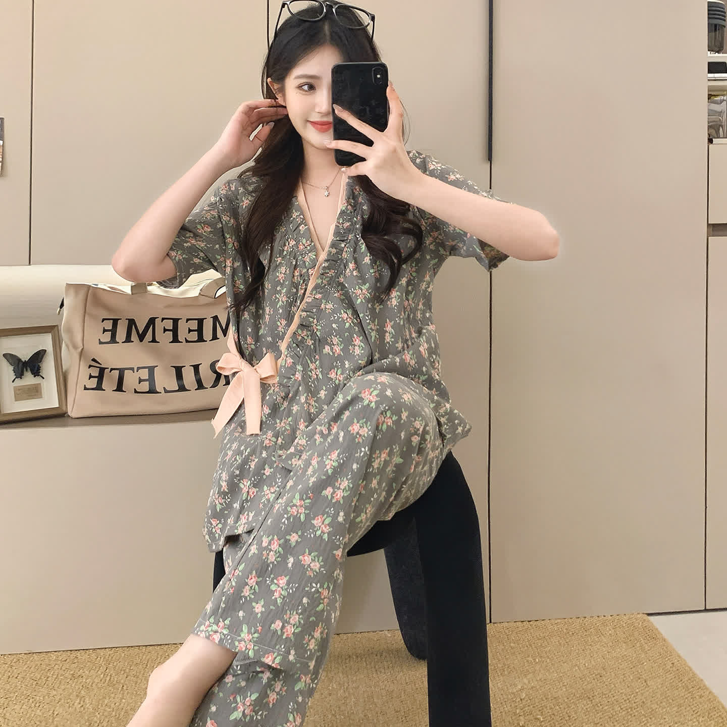 Ownkoti Rose Print Ruffle Kimono Sleepwear Set