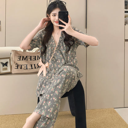 Ownkoti Rose Print Ruffle Kimono Sleepwear Set