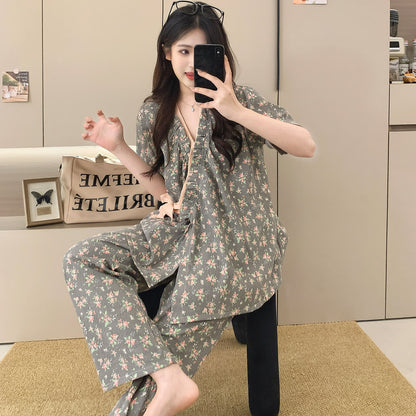 Ownkoti Rose Print Ruffle Kimono Sleepwear Set